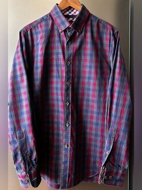 James Tattersall London Plaid Button Down Shirt Mens Medium Pink Blue Cotton